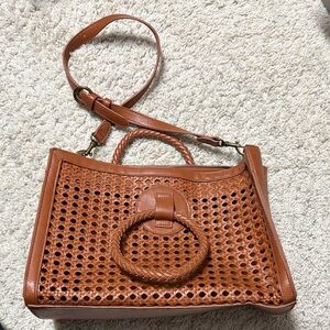 Brown Woven Leather Handbag Convertible Ring Handle Purse Boho